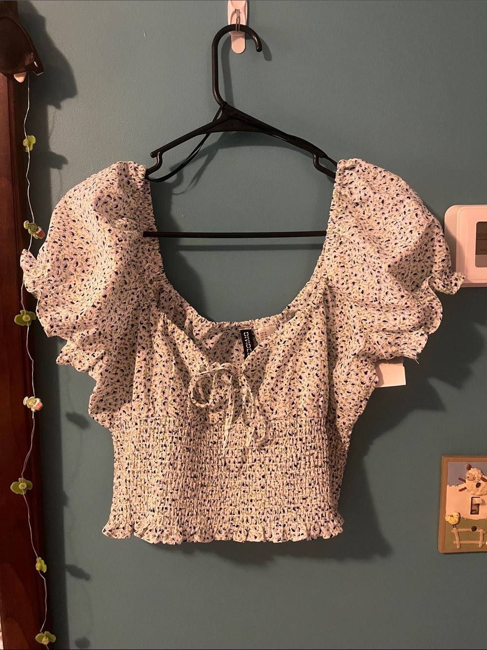 H&M Light Blue Floral Smocked Puff-Sleeve Crop Top